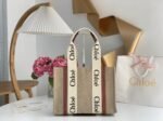 Top Quality Knockoff Chloe Woody Medium Tote Bag in Linen Canvas with Brown Leather - Image 4