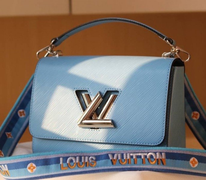 B3348628-D197-3219-2AAD-36BF423D947D.jpg Louis Vuitton Epi Leather Twist MM Bag With Jacquard Strap In Bleuet Blue - Image 1