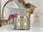 Top Quality Replica Chloe Woody Medium Tote Bag in Linen Canvas with Blue Leather - Image 5