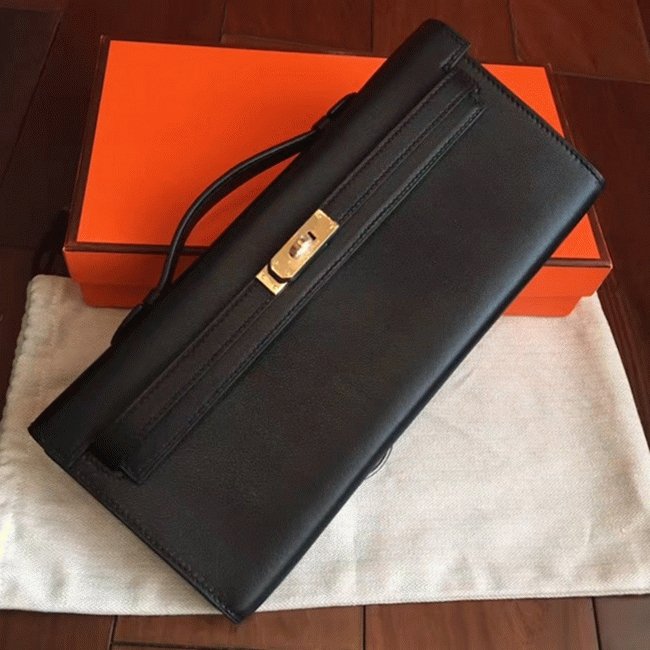 B6ECBC78-EE4D-551A-CEA8-7302A93B9622.jpg Black Swift Fake Hermes Kelly Cut Clutch Elegant Clutch - Image 1
