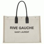 Knockoff Saint Laurent Rive Gauche Tote Bag White Linen and Black Leather