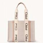 Top Quality Replica Chloe Medium Woody Tote Bag in Canvas with Beige Leather Strips