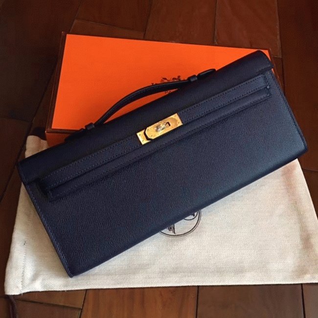 CD4AAC2F-A6D7-42DE-1FBA-4703FB81BBCC.jpg Sapphire Epsom Replica Hermes Kelly Cut Clutch Luxury Purse - Image 1