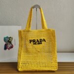 Prada Small Tote Bag Replica in Yellow Woven Raffia - Image 5