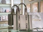 Top Quality Fake Chloe Medium Woody Tote Bag in Canvas with Green Leather Strips - Image 8