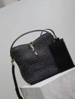 SAINT LAURENT Le 37 leather-trimmed raffia bucket bag - Image 2