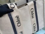 Top Quality Replica Chloe Large Woody Tote Bag in Canvas with Blue Leather Strips - Image 10