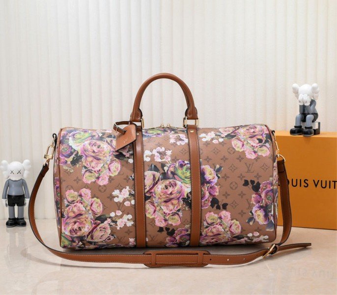 DBD528A9-2C30-E858-4BDA-A9FA800FE7C3.jpg Louis Vuitton Keepall Bandouliere 50 Travel Bag In Brown With Floral Pattern - Image 1