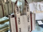 Top Quality Faux Chloe Medium Woody Tote Bag in Canvas with Brown Leather Strips - Image 6