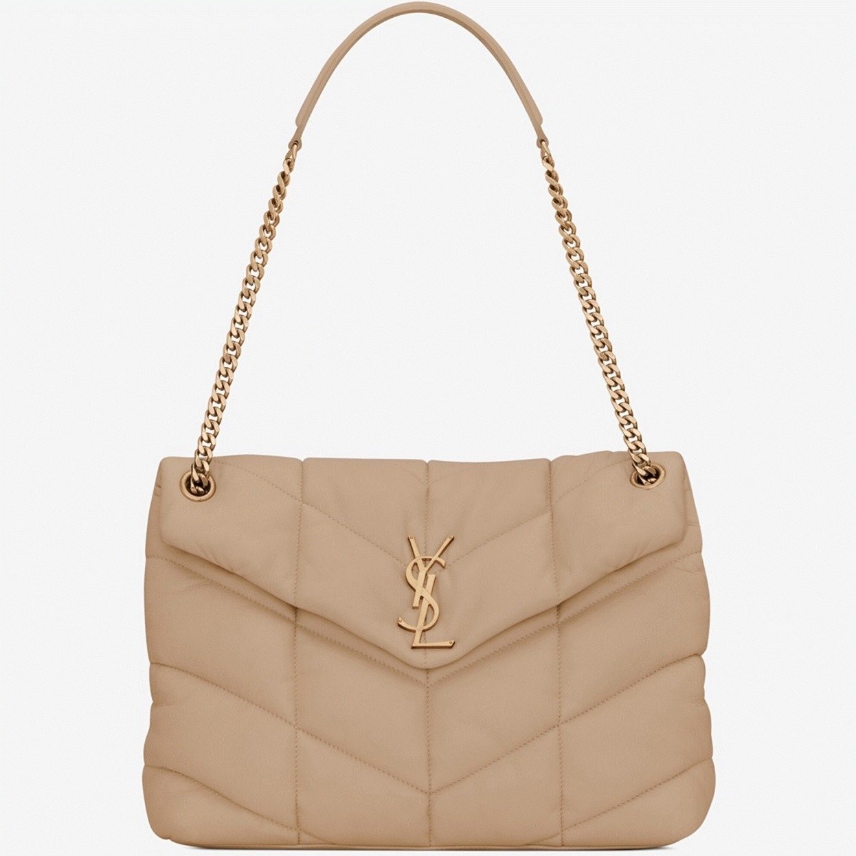 E4F693A3-3626-5808-461D-D949AC80E8B5.jpg Saint Laurent Puffer Medium Chain Bag Beige Lambskin - Image 1