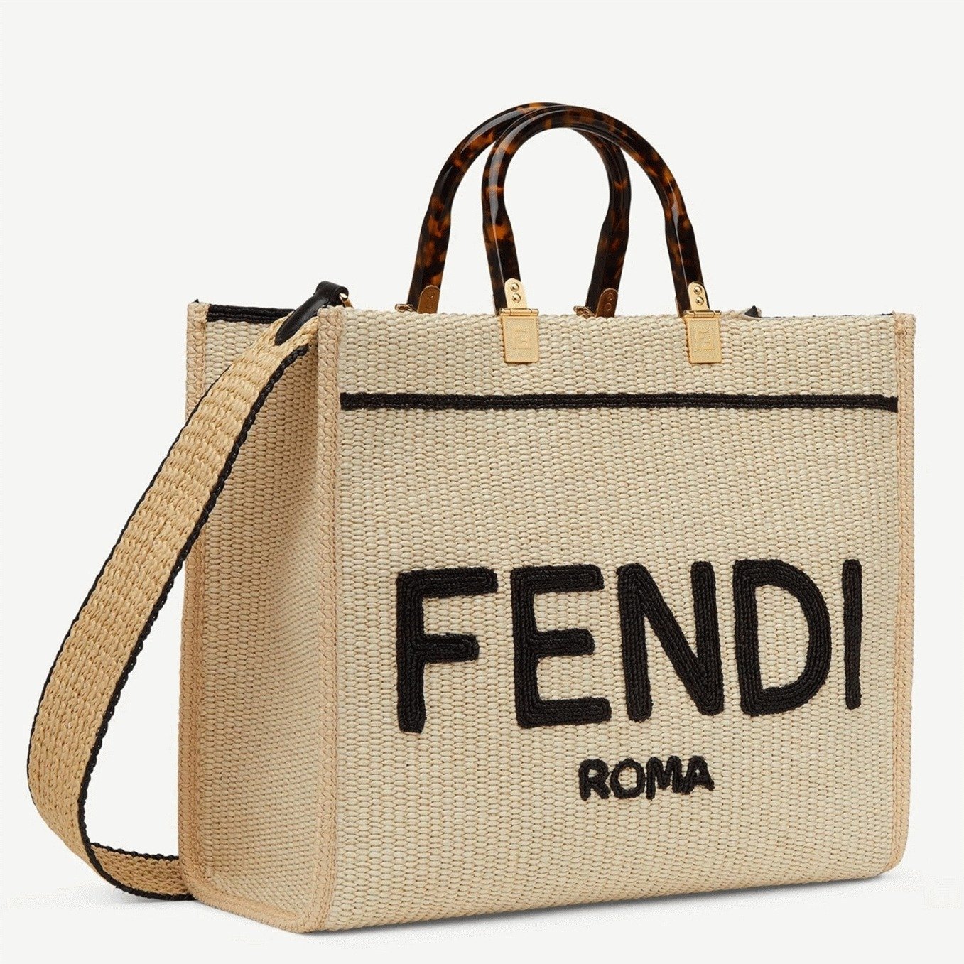 E5BBE063-B5AF-8437-8BF1-A555544CF457.jpg Top Quality Fake Fendi Sunshine Medium Tote Bag in Black and Natural Straw - Image 1
