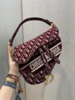 Dior Saddle Bag Faux in Bordeaux Velvet Oblique Embroidered - Image 6