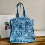 Prada Small Tote Bag Knockoff in Blue Woven Raffia - Image 2